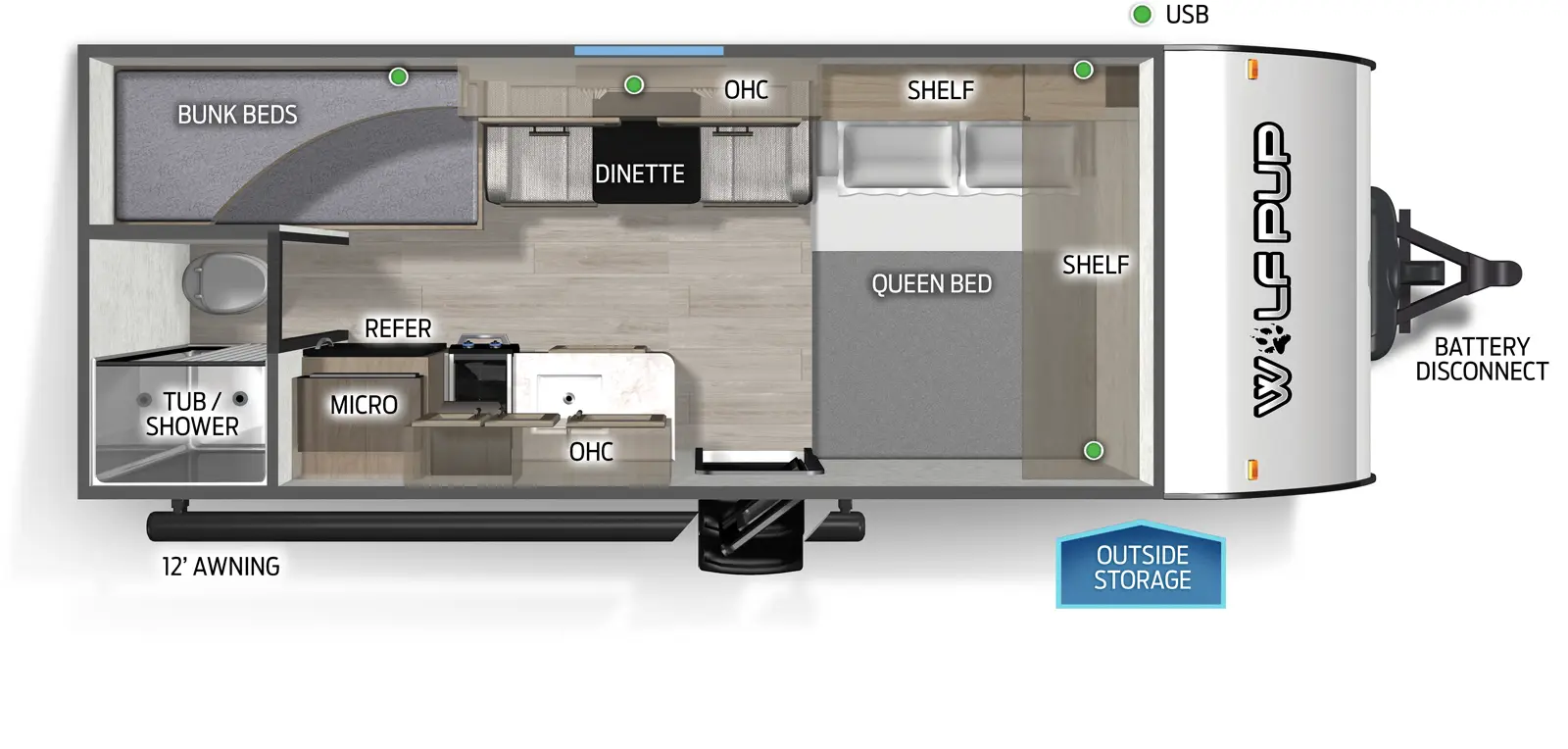 The Wolf Pup 16LP floorplan has one entry and zero slide outs. Exterior features include: metal exterior and 12' awning. Interiors features include: bunk beds and front bedroom.